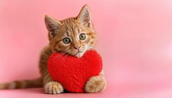 Adorable Ginger Kitten Cuddling with Red Heart Toy on Pink Background Capturing a Cozy Valentines Day Love Concept in Soft Lighting photo