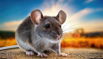 Mysterious Gray Mouse Amidst Textured Forest Floor in Dusky Twilight, Capturing a Whimsical Mood with Shades of Grayscale and Subtle Warmth. photo