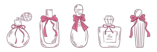 Vintage collection of perfume bottles with bows vector
