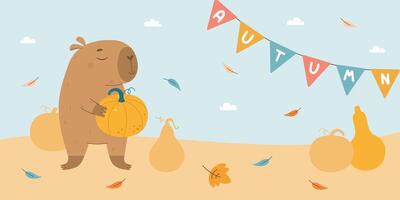 Autumn background with capybara and pumpkins vector