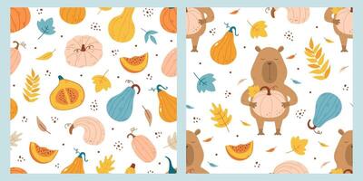 Capybara, pumpkin and leaves autumn pattern set vector