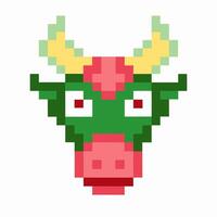 Pixelated cow head, green and red, retro style, 8 bit art vector
