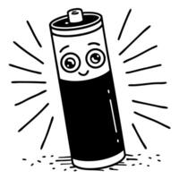 Illustration of smiling battery with energy rays, black and white design, cute character, doodle art, cheerful power concept vector