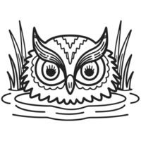 Owl peeking above water surface with tall grass intricate black and white line drawing, forest wildlife illustration vector
