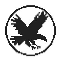 Pixel art black crow flying in silhouette, centered inside a round border minimalist retro bird icon, bold monochrome vector
