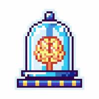 Pixel art brain in glass dome with blue and yellow base, digital retro design vector