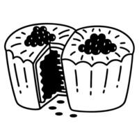 illustration of two cupcakes with sprinkled topping, one cut open revealing filling simple black and white dessert sketch vector