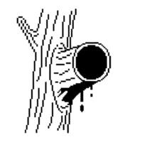 Black and white tree trunk with hollow opening and dripping sap minimalist pixel art nature design, forest element vector