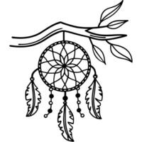 Dreamcatcher under tree branch with hanging feathers in black and white outline vector