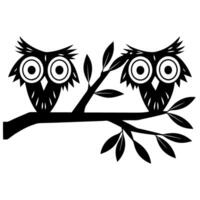 Two owls perched on tree branch black and white stylized birds with large eyes and simple leaves illustration vector