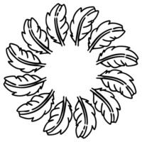 Circular arrangement of hand drawn feathers black outline nature symbol, simple boho decorative element, empty center space vector