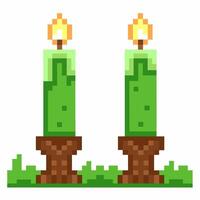 Pixel art green candles burning, retro game warm, nostalgic flame, glowing light vector