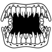 Open monstrous jaw with sharp fangs and pointed teeth, hand drawn black and white illustration, scary creature mouth vector