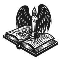 Mystical open book with candle, pentagram symbol, and dark wings magic, occult ritual, gothic fantasy illustration vector