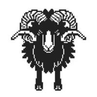 Pixel art ram front view black and white sheep illustration with curved horns, isolated animal design, retro digital vector