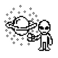 pixel art alien with planet, space background retro digital illustration, extraterrestrial holding spaceship, cosmic exploration vector