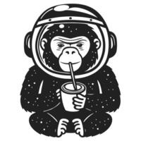 space monkey astronaut drinking coffee, retro illustration of helmeted ape vector