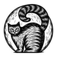 Curled tail black cat illustration in woodcut style, mysterious feline with wide eyes, fur texture, and bold monochrome lines vector