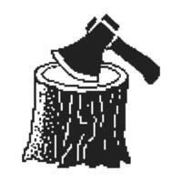 Axe embedded in tree stump lumberjack tool, wood cutting, forestry and logging industry rustic forest symbol, minimal pixel art vector