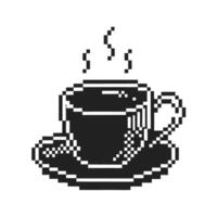 pixel art steaming coffee cup on saucer, black and white retro digital design vector