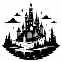 Enchanting Fantasy Castle with Surreal Landscape in Black and White vector