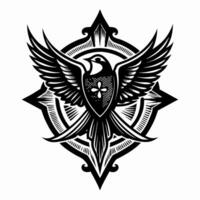 Stylized Bird in Ornate Tattoo Design with Symmetrical Wing Pattern vector