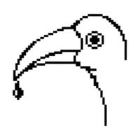 Minimalist black and white pixel art bird profile with long curved beak holding small round object, simple digital line art vector