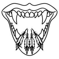 vampire mouth with sharp fangs and open jaw, feathers inside, mythical creature, fantasy line art illustration vector