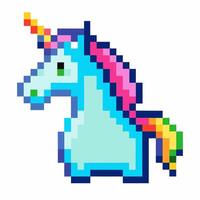 Vibrant Pixel Art Unicorn with Rainbow Mane and Horn on White Background vector