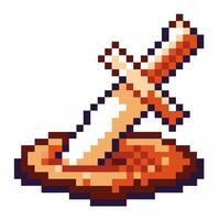 Pixel art sword embedded in ground, vintage 8 bit retro gaming, fantasy weapon design vector