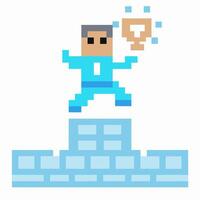 Pixelated hero with lightbulb icon standing on podium, symbolizing innovation and success vector