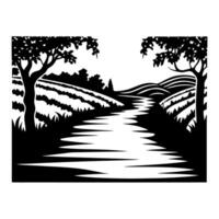 monochrome countryside landscape with scenic path, trees, hills, and sky in artistic vector