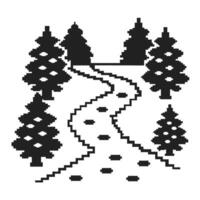 Pixelated forest path with pine trees and footprints in snowy landscape vector