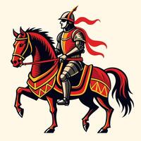 Medieval Knight in Armor on Horseback with Red Accents and Ribbons vector