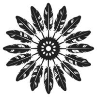 Circular feather mandala design with intricate symmetrical black pattern, decorative boho tribal motif, ornamental artwork vector