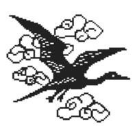 Pixel art crane flying with stylized clouds, minimal black and white retro design, japanese traditional motif illustration vector