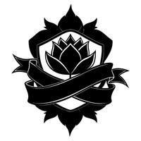 Elegant lotus emblem with shield and banner design in monochrome vector