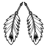 Pair of detailed feather arrows pointing towards each other, boho tribal design outline illustration for coloring or tattoo vector