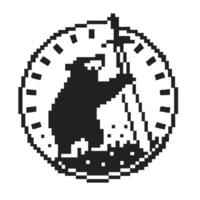 Pixelated bear with staff inside circular frame, digital art, black and white retro icon vector