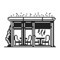 pixel art cafe exterior with chairs and tables monochrome minimalist design, retro game vector