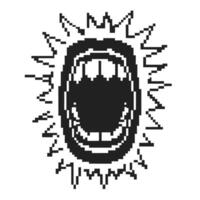 Pixel art open mouth screaming black and white wide shout, stylized loud expression, retro digital symbol of noise and emotion vector