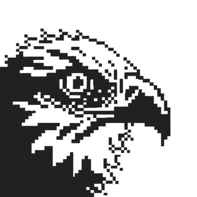 Pixel art eagle head in black and white retro digital illustration, bird of prey minimalist for gaming, vintage design