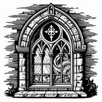 Gothic Arch Window with Intricate Detailing in Black and White Illustration vector