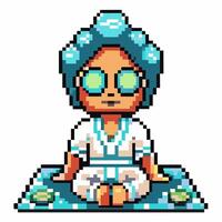 Pixel spa meditation relaxed character in white robe with face mask, towel, sitting cross legged with calm wellness atmosphere vector