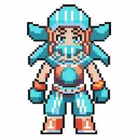 Pixel art warrior character in blue armor and helmet with pixelated graphics and retro game design vector