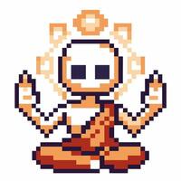 Pixel art meditation retro zen monk in lotus pose with aura vector