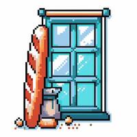 pixel art of a baguette and milk by a sunny window, vintage nostalgic scene in vibrant colors vector