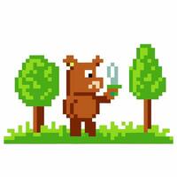 Pixel art bear with sword in forest setting retro gaming graphic with green trees vector
