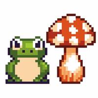 pixel art frog and mushroom retro game design, green amphibian and red toadstool graphics vector