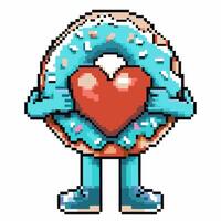 Pixel art blue donut character holding a red heart, sweet confection with sprinkles and cute anthropomorphic design vector